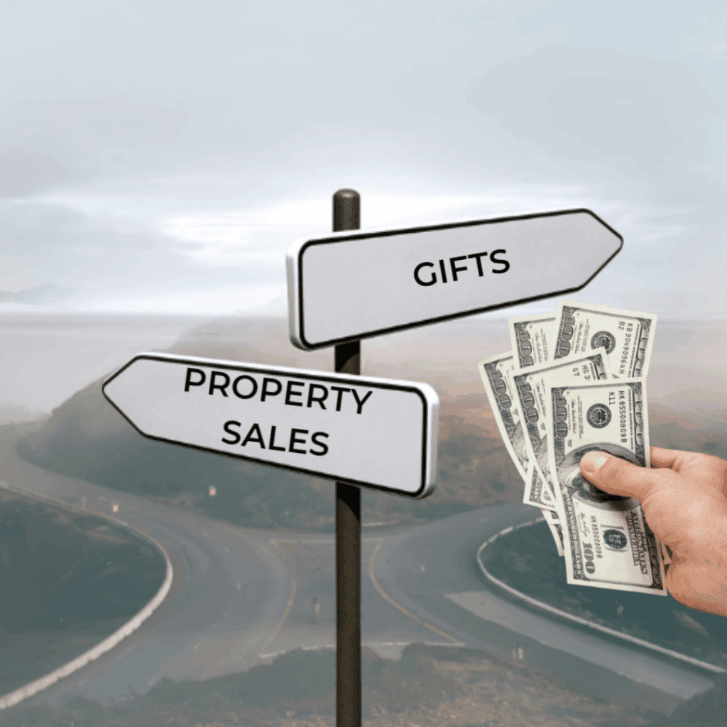 Highway signpost showing options for property sales, gifts, and investment; hand holding cash depicts Houston EB5 opportunities for real estate investment and immigration.