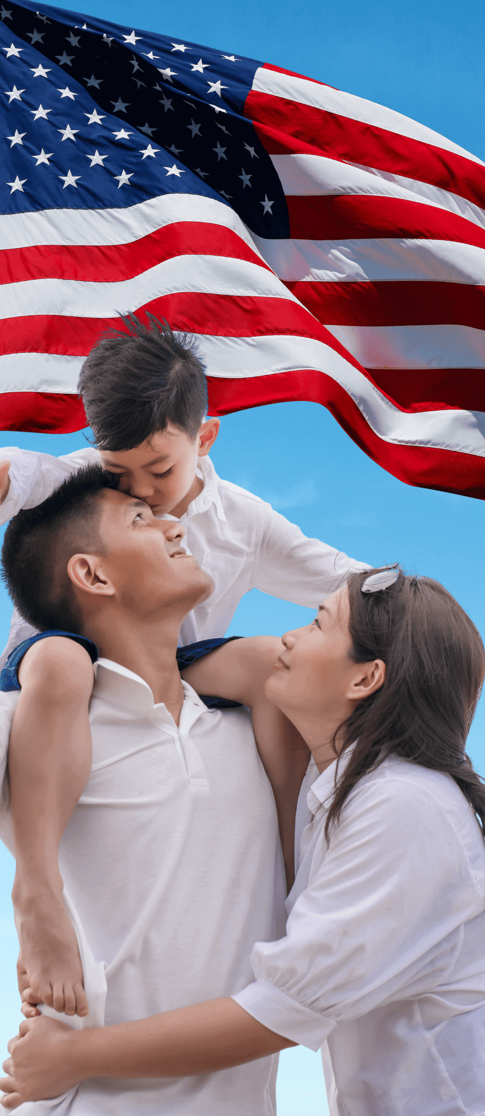 American flag waving in the sky with a family celebrating patriotism, showcasing unity and pride; ideal for Houston EB5 immigration and investment opportunities targeting American values.